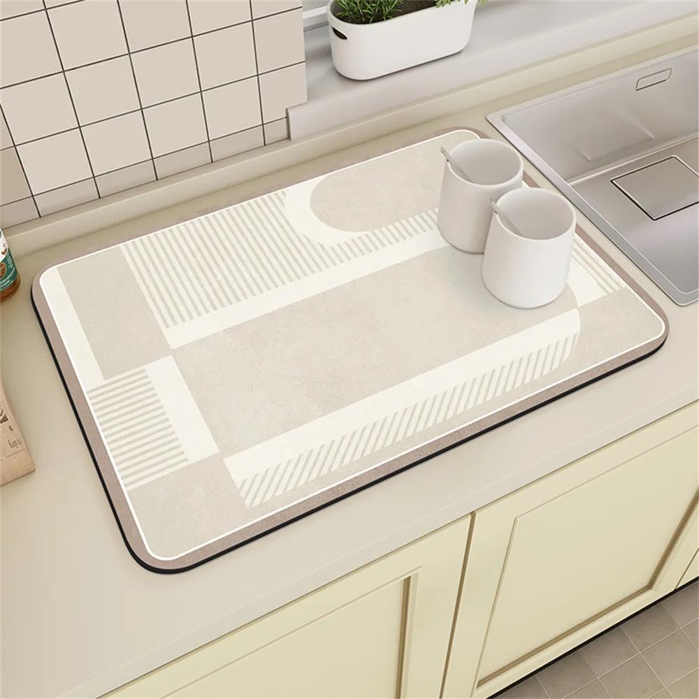 Coffee Machine Drain Mat Kitchen Countertop Cup Absorbent Mat Cream Lines Simple Table Diatomaceous Washable Dry Non-slip Mat