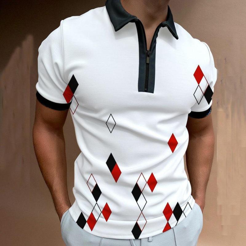 Men'S Zip-Up 3Dpolo Shirt, Printed Lapel, Short-Sleeved Pullover, Casual Wear