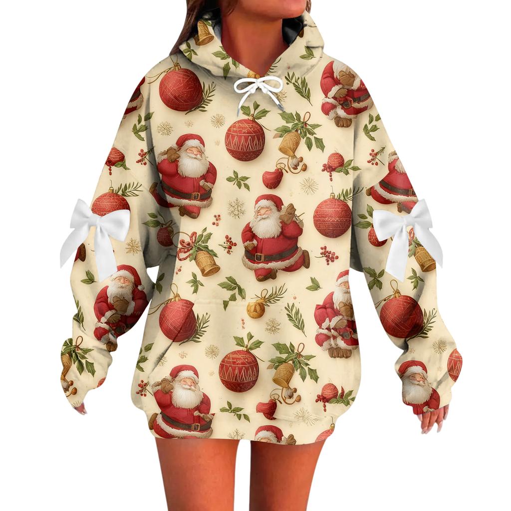 Ladies' Christmas Printed Bow Long Sleeved Loose Fitting Headband With Rope Hooded Sweatshirt Top