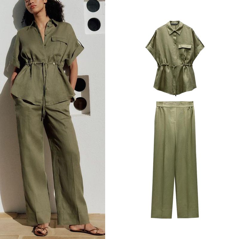 Spring Xinya Hemp Blend Adjustable Waist Shirts 3436707 3226707 Straight Pants 3454707