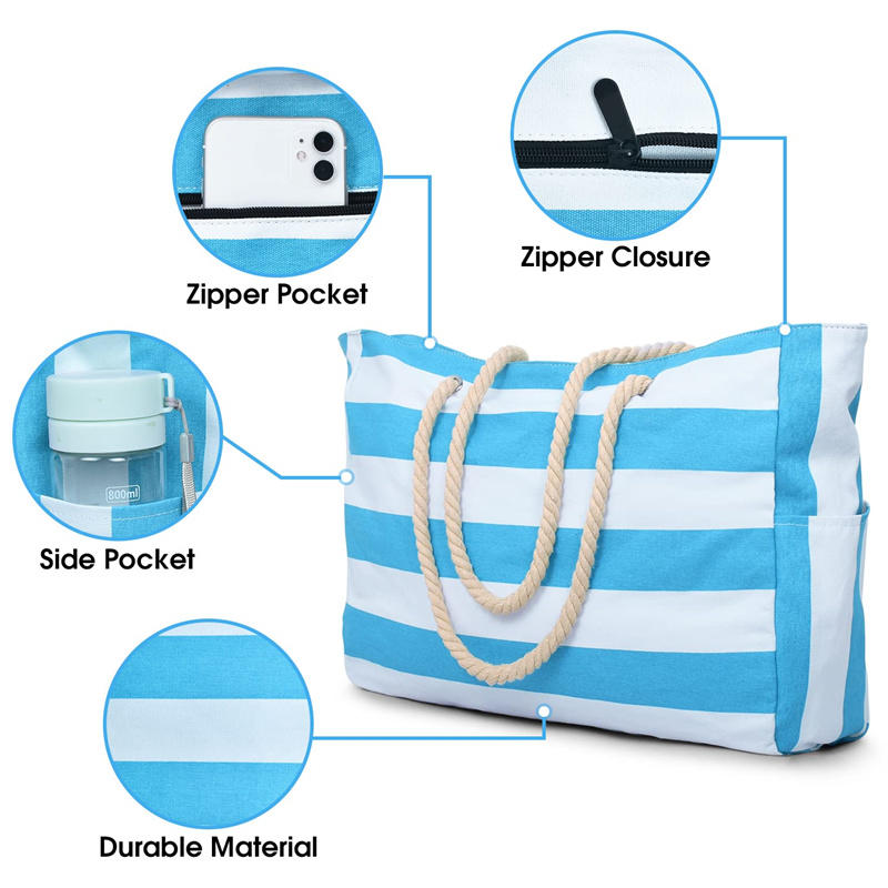 1PC Beach Bags For Women Large Canvas Beach Tote Bag Zipper Beach Bags Sandproof Swim Pool Bag Large Tote