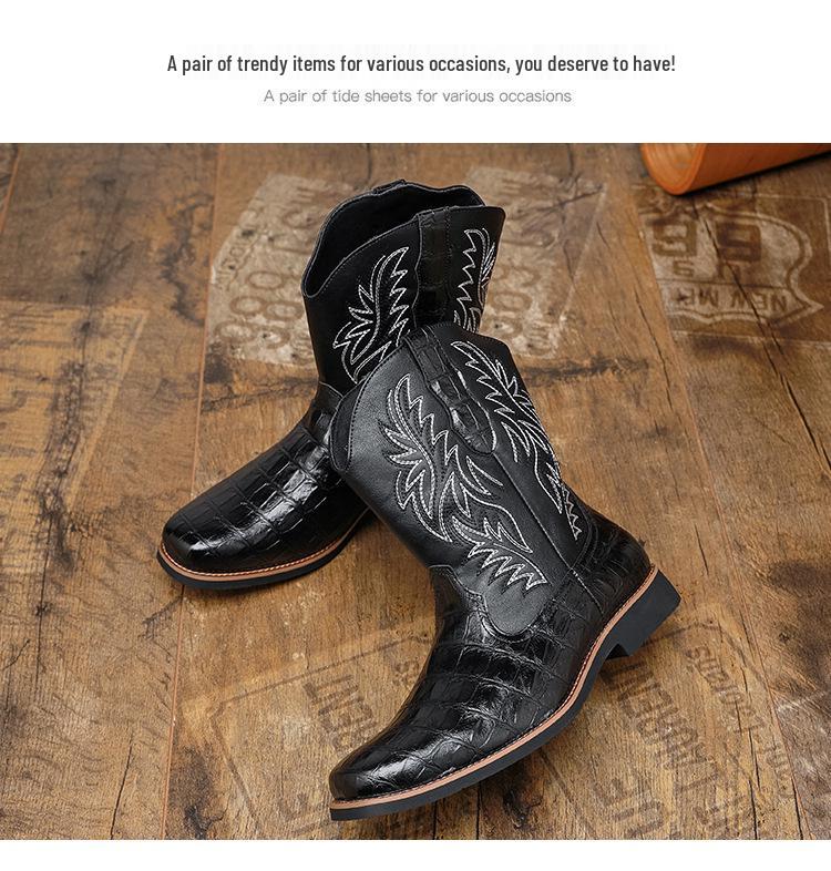 Men's Western Cowboy Boots: Retro Crocodile Pattern Embroidered Leather Knight Boots, Large Size, High Cut