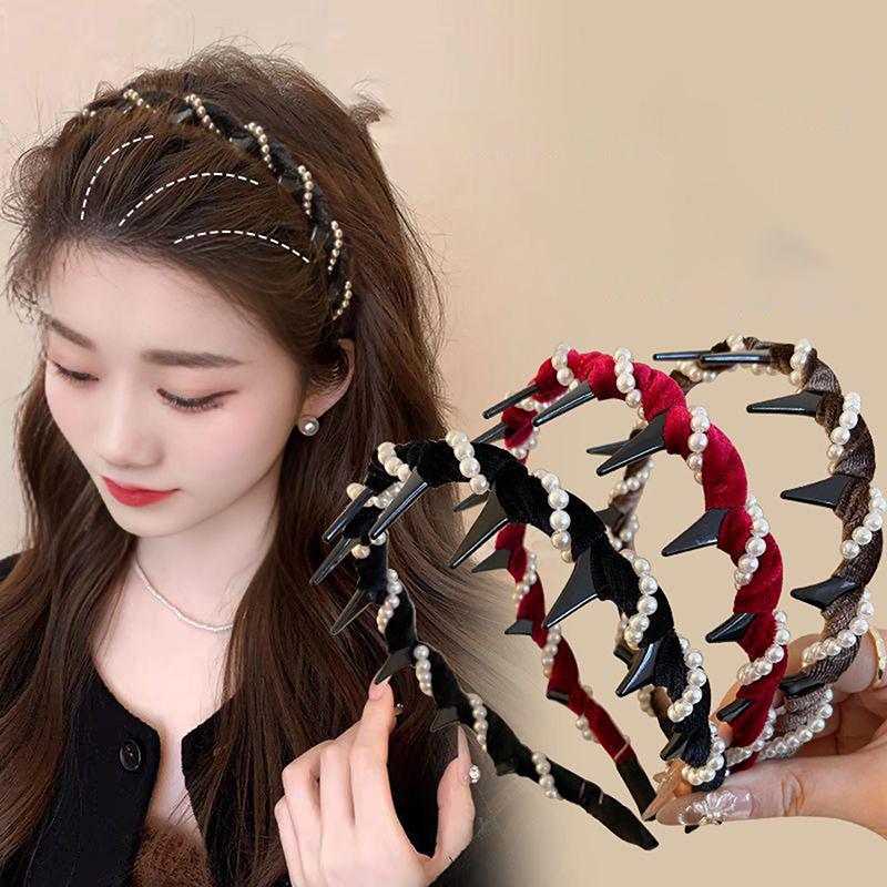 For Women Girls Fashion Sweet Anti-Slip Toothed Hairband Hair Accessories Vintage Velvet Pearl Wave Top Hairband