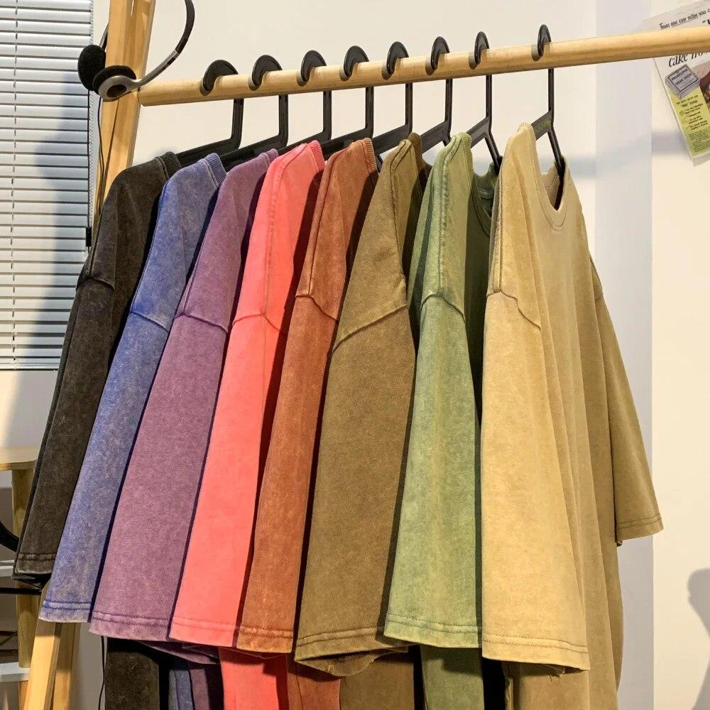 230G Cotton Retro T-shirt Drop-shoulder Sleeve Men Women Vintage Short-sleeve T Shirts Solid Color Hip Hop Loose Tees