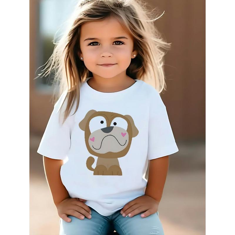 European sizes Stylish and Casual Round Neck Short-sleeved T-shirt for Girls, Featuring a Fun and Quirky Puppy Print; Perfect for Summer Wear.