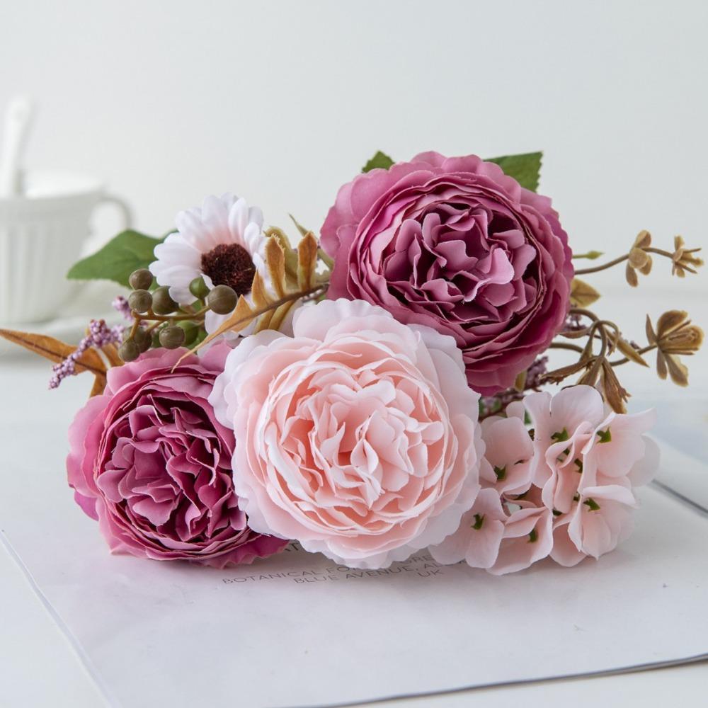Outdoor Silk Artificial Flowers 5 Heads Bridal Bouquets Simulated Persian Peony Fake Flowers Gifts Box Decor
