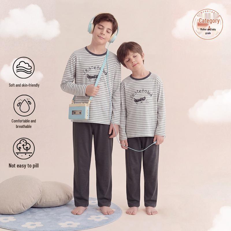 Boys' Long-Sleeve Pure Cotton Pajama Set for Spring, Summer, and Autumn - Ideal for Primary School-Aged Children.