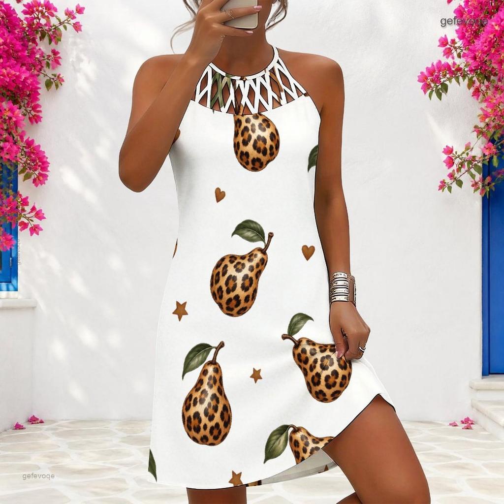Women Plus Size Criss Cross Cutout Neck Sleeveless White Leopard Pear Printed Fitted Dress