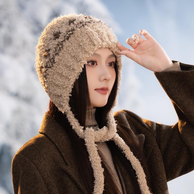 Winter hat women's large brim shows the face small knitted hat ear protection fashion versatile plush warm wool hat