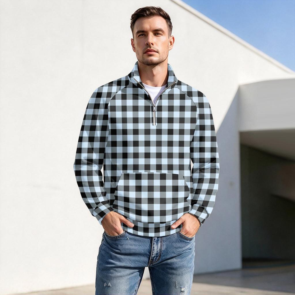 Men's Fall Winter Plaid Print Zip-Up Stand Collar Pullover Casual Wrinkle- Athletic Top