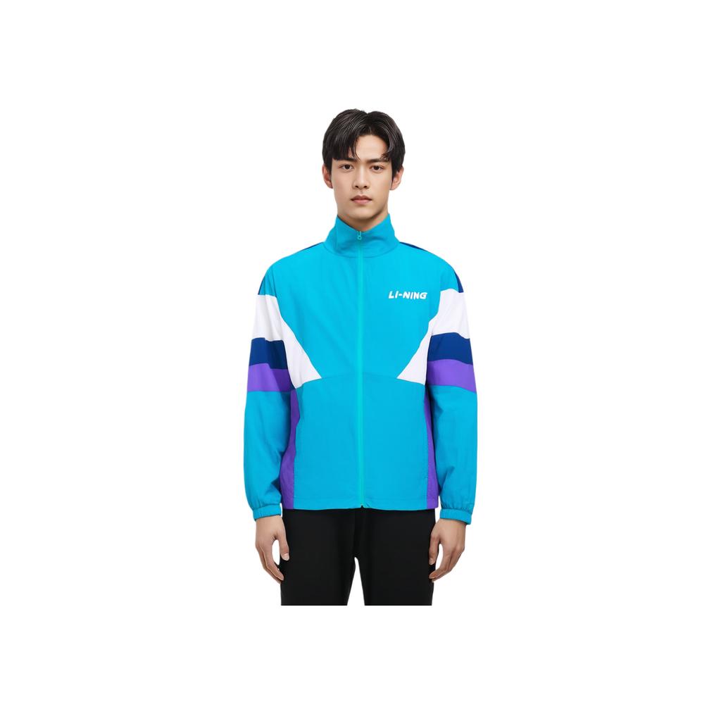 Li Ning Sports Lifestyle Series American Retro Color Block Letter Print Stand Collar Jacket Unisex Jacket Light-Blue AJDT503-1