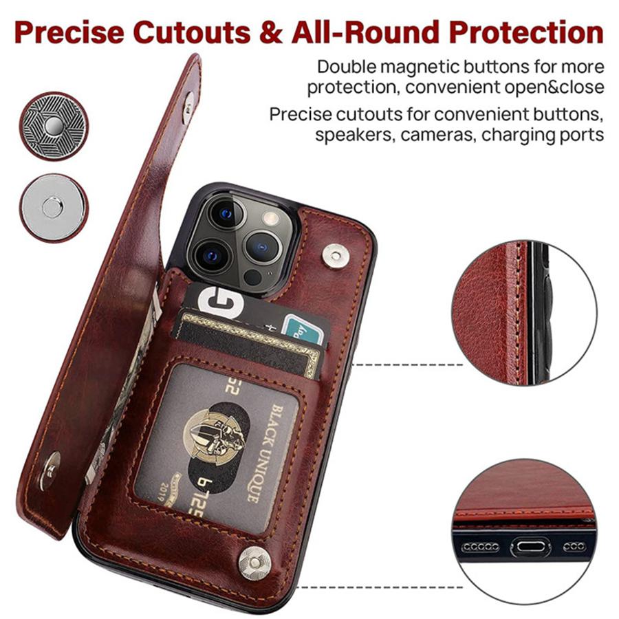 Wallet Double Button Stand Leather Case For Iphone 14 Pro Max 13 Pro 12 11 Se 2022 X Xr Xs Max 8 7 6 6s Plus 5 5s With Card Slot
