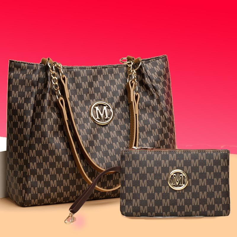 Tote bag med stor kapasitet pluss kombinasjonsveske med clutch, sett med ordtrykk, kjede med skulderreim dameveske.