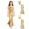 Girls Metallic Disco Outfit Sequins Sleeveless Backless Halter Crop Top Split Bell Bottom Flared Pants