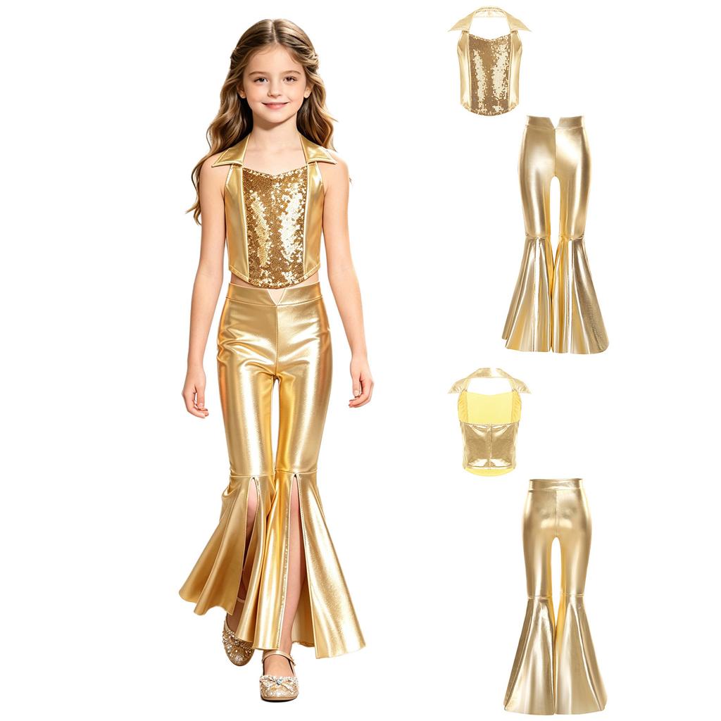 Girls Metallic Disco Outfit Sequins Sleeveless Backless Halter Crop Top Split Bell Bottom Flared Pants