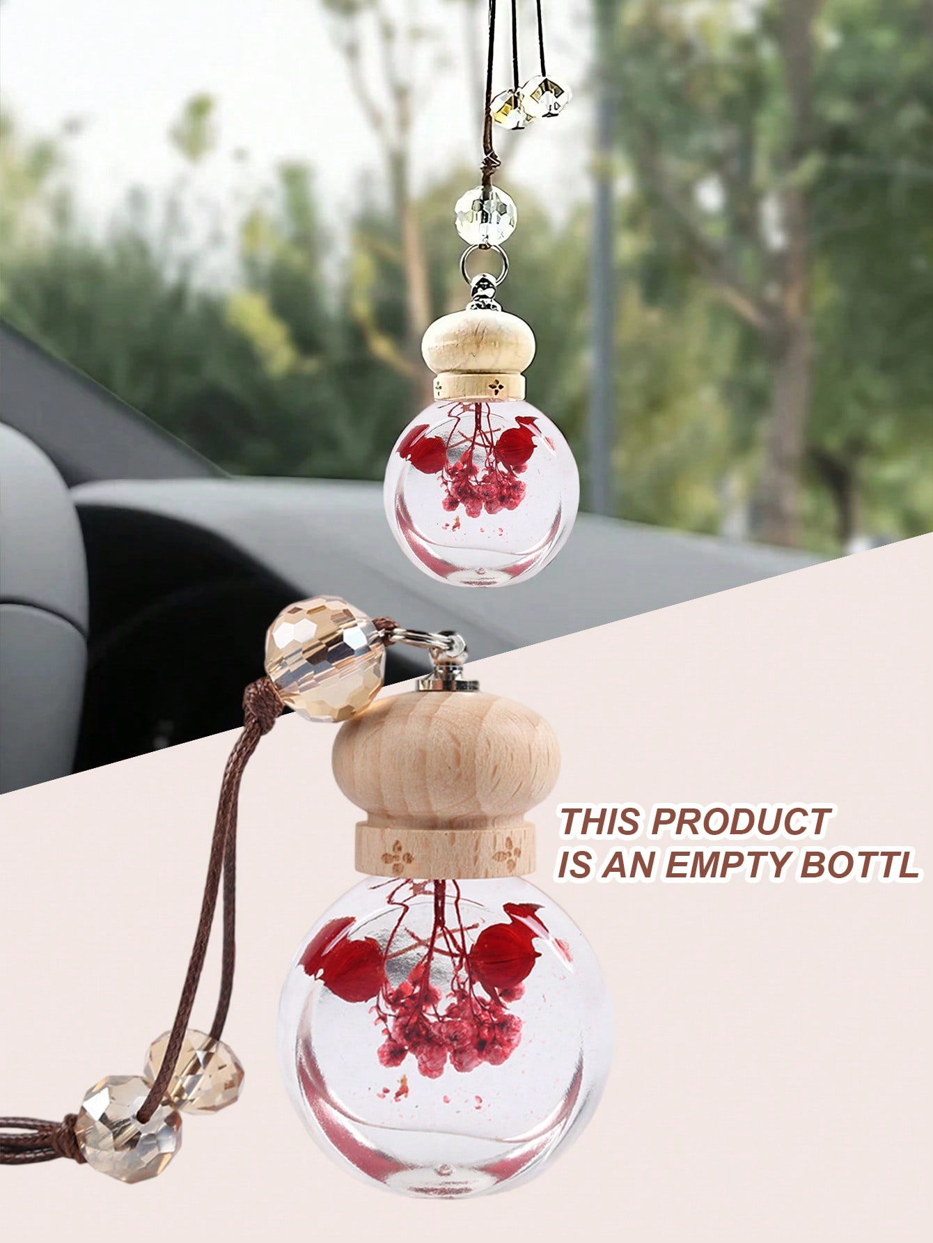 

Car Fragrance Pendant - Empty Glass Bottle with Preserved Flowers, Refillable with Essential Oil or Perfume, Hanging Fragrance красный