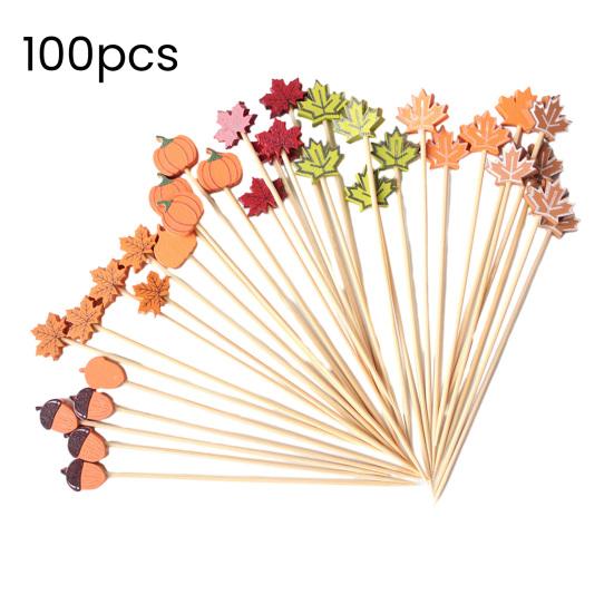 100PCS Disposable Cocktail Picks Thanksgiving Themed Bamboo Skewers with Maple Leaves Pumpkins Acorns