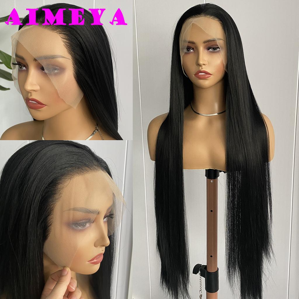 AIMEYA 32Inches Long Silky Straight Wig Black Lace Front Wig for Women 13X4 Synthetic Hair Natural Hairline Daily Use Cosplay