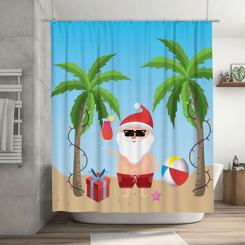 

Tu Santa Claus Beach Shower Curtain Festive Tropical Christmas Bathroom Decor Holiday Coastal Themed Waterproof Fabric W60H190(CM)-1 Pcs