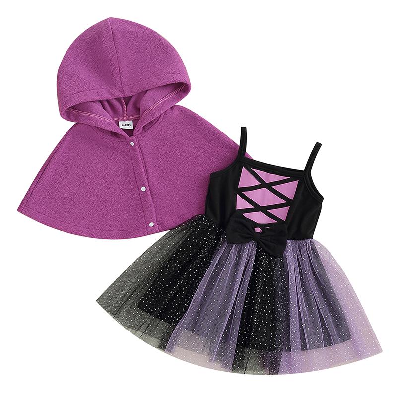 

0-18M Newborn Infant Girl Rompers Dress Halloween Clothes Dot Print Sleeveless Tulle Skirt Hem Jumpsuit with Hooded Cloak 0-3M фиолетовый