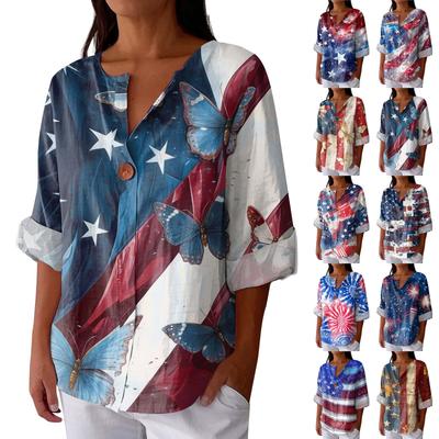 Women's Fashionable V Neck Button Seven Quarter Sleeve Printed Casual Top