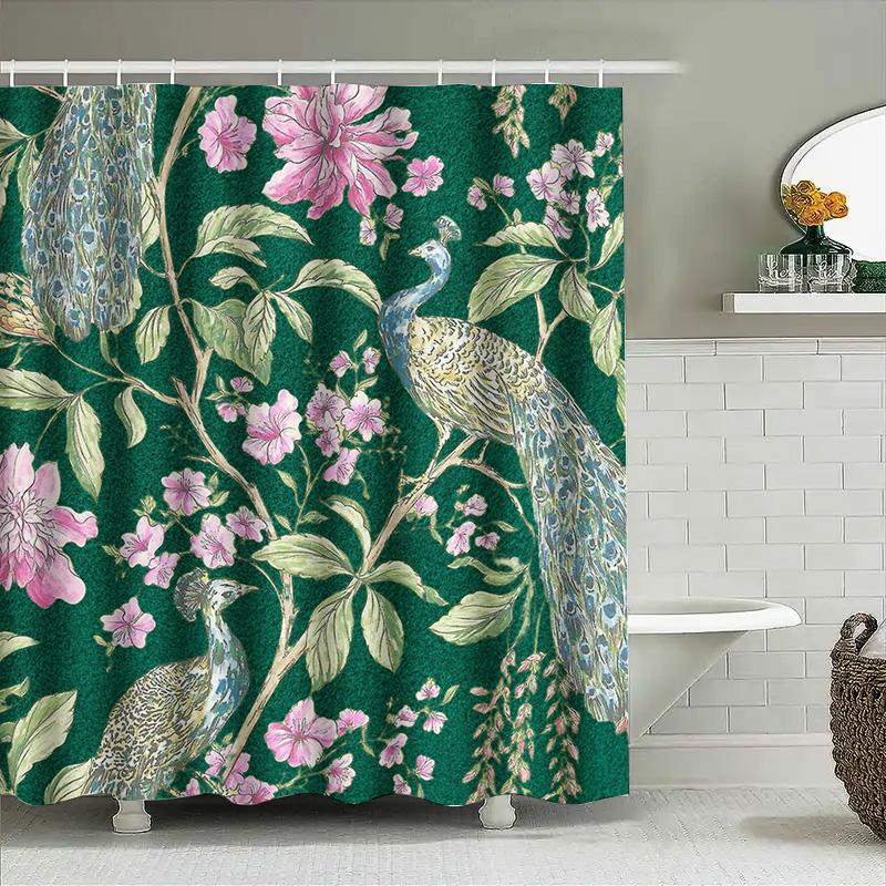 Peacock Floral Green Bath Mat Shower Curtain Decorative Home Textile Waterproof Decoration for Bathroom Pink Flowers Pattern 3D