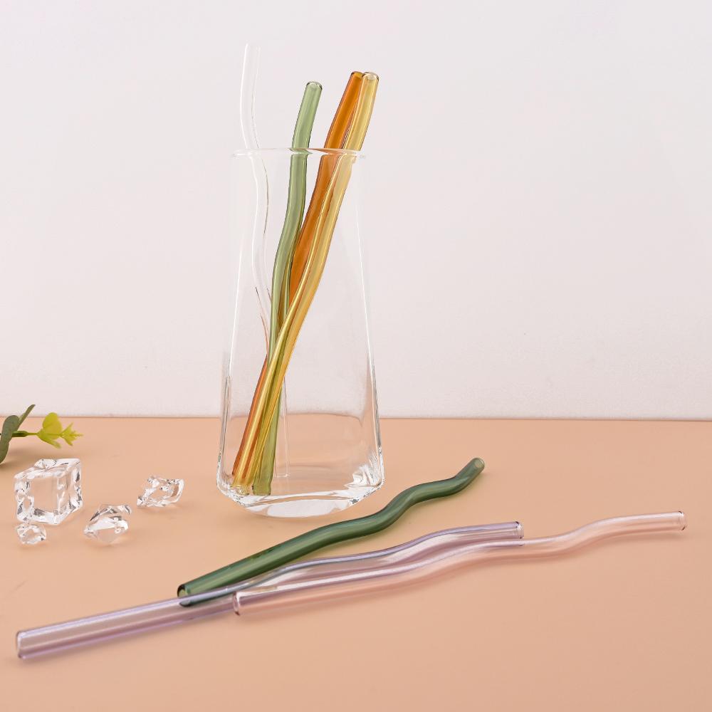 6Pcs 200*8mm Glass Straws Wavy Pink Drinking Straw Set with Brush High Borosilicate Glass Straw Kitchen Party Bar Drinkware