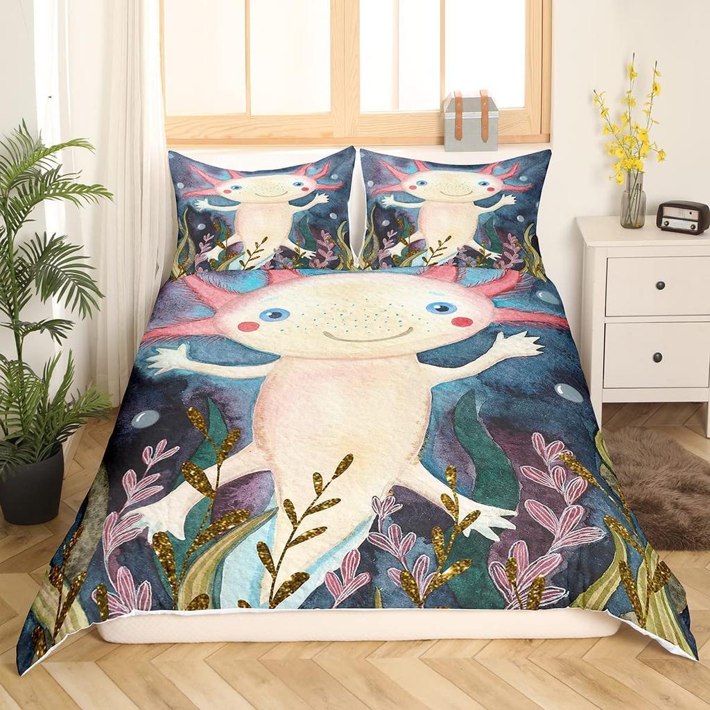 Lovely Axolotl Sleep Bedding Kit For Boys Girls Kawaii Reptiles Animal Comforter Cover Single Size King Size Size Sea Wildlife Axolotl Bed Cover