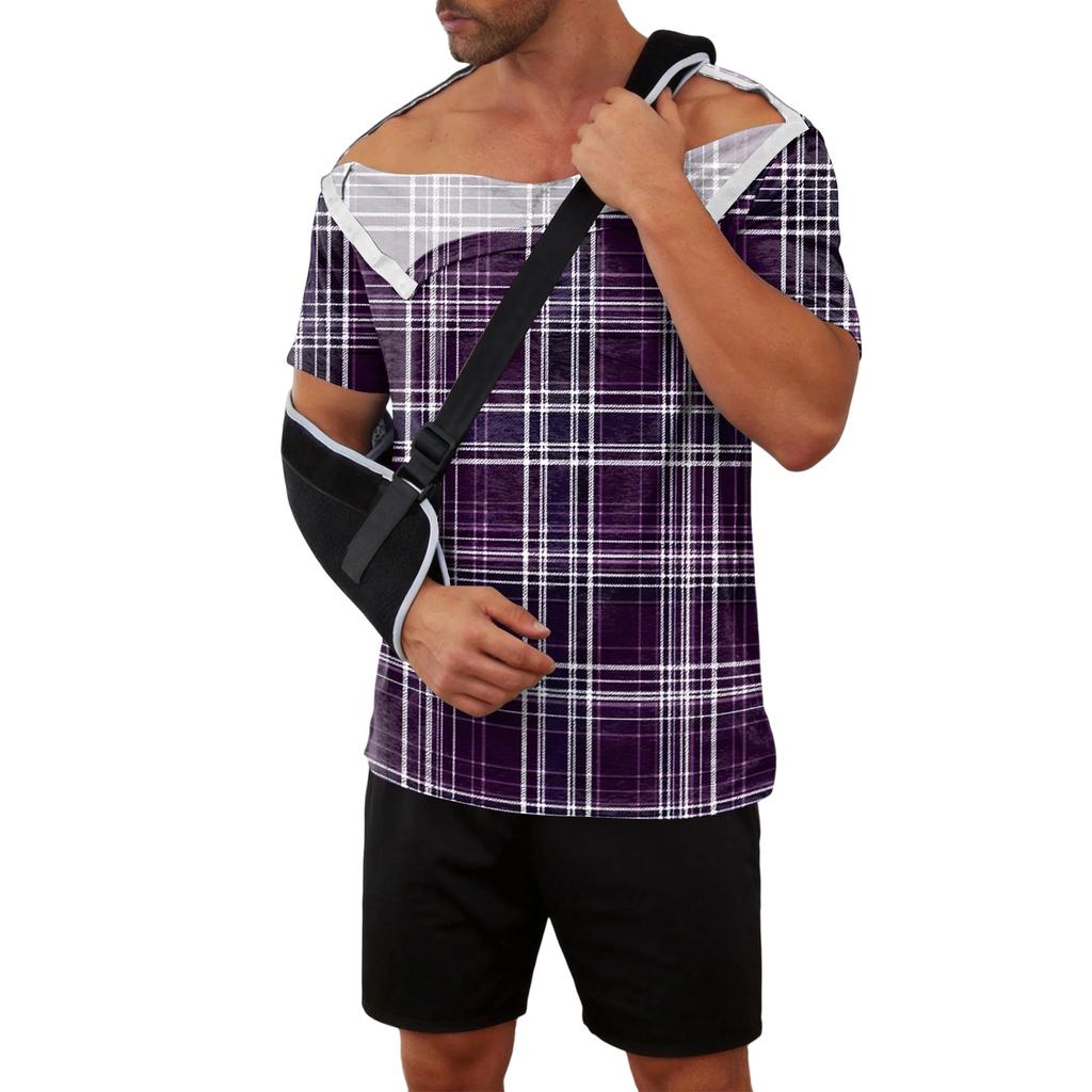 Men Recovery Shirt Full Front Opening Short Sleeve with Side Closures Plaid Print Adaptive Top for Use