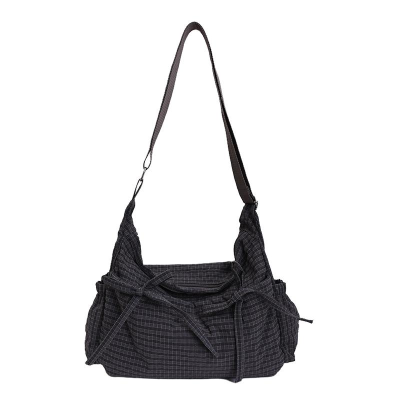 New trendy versatile drawstring pleated dumpling bag large capacity literary and leisure plaid shoulder messenger bag
