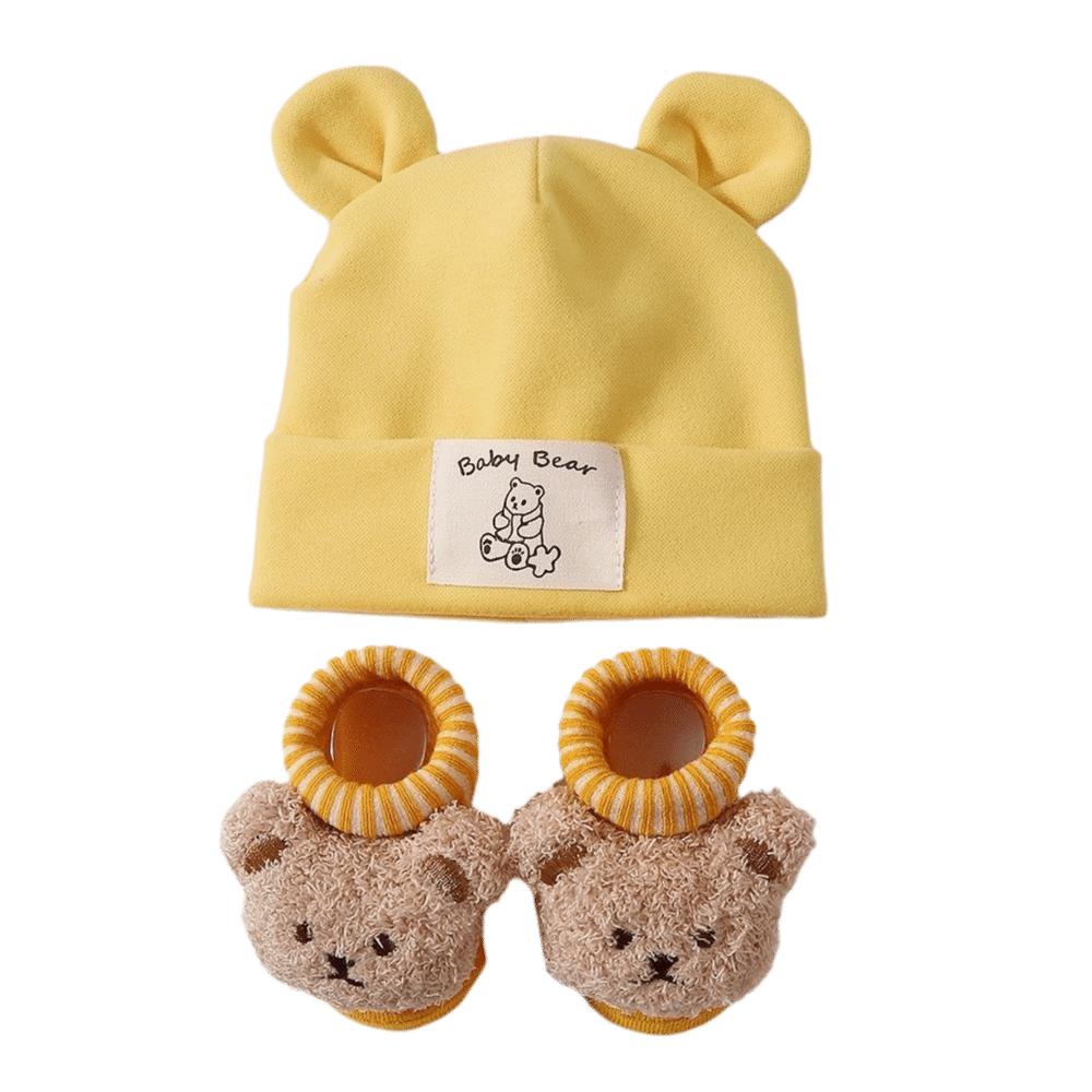 2Pcs/Set Warm Bear Ear Beanie Cotton Infant Cap Socks Cute Baby Turban Socks  Autumn Winter
