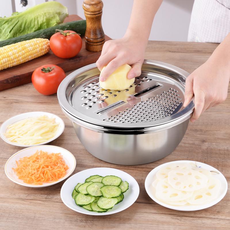 Grater Basin for Fruits Vegetables Kitchen Tool Slicing Cutting Fruits Vegetables 5-in-1 Stainless Steel Basin Multifunctional Vegetable Cutter