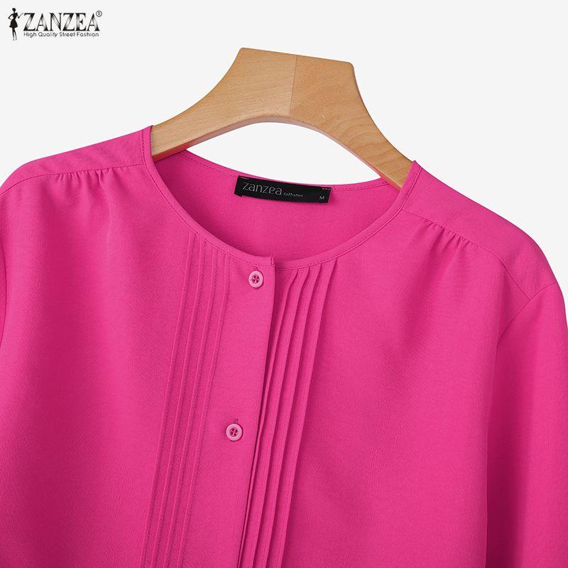 ZANZEA Damen Freizeit Rundhals Einfarbig 3/4 Ärmel Bluse