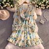 French pure desire V-neck long-sleeved dress women's autumn strap waist thin beautiful chiffon printed lotus leaf edge skirt