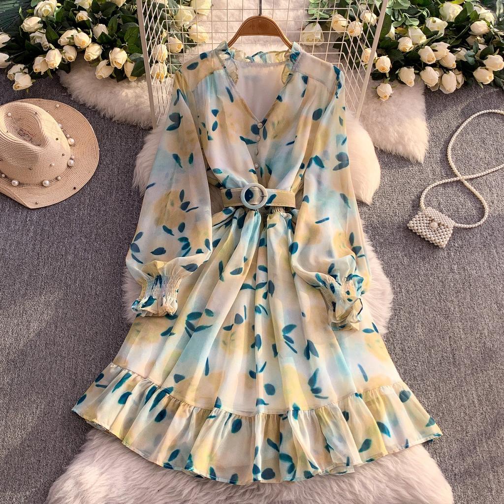 French pure desire V-neck long-sleeved dress women's autumn strap waist thin beautiful chiffon printed lotus leaf edge skirt