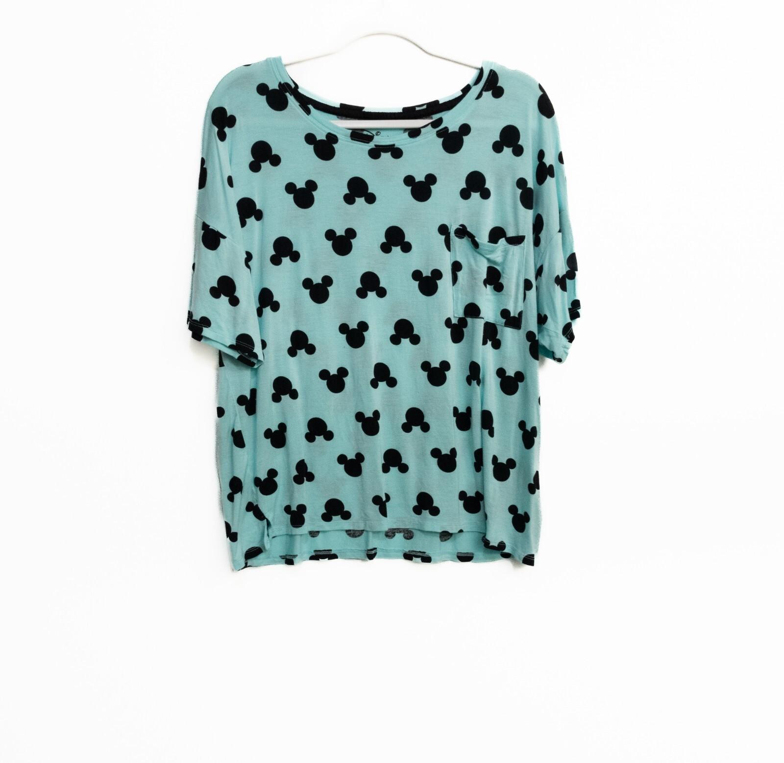 Disney Womens Sky Blue Black T-Shirt Mickey Mouse Head Silhouette Graphic L L