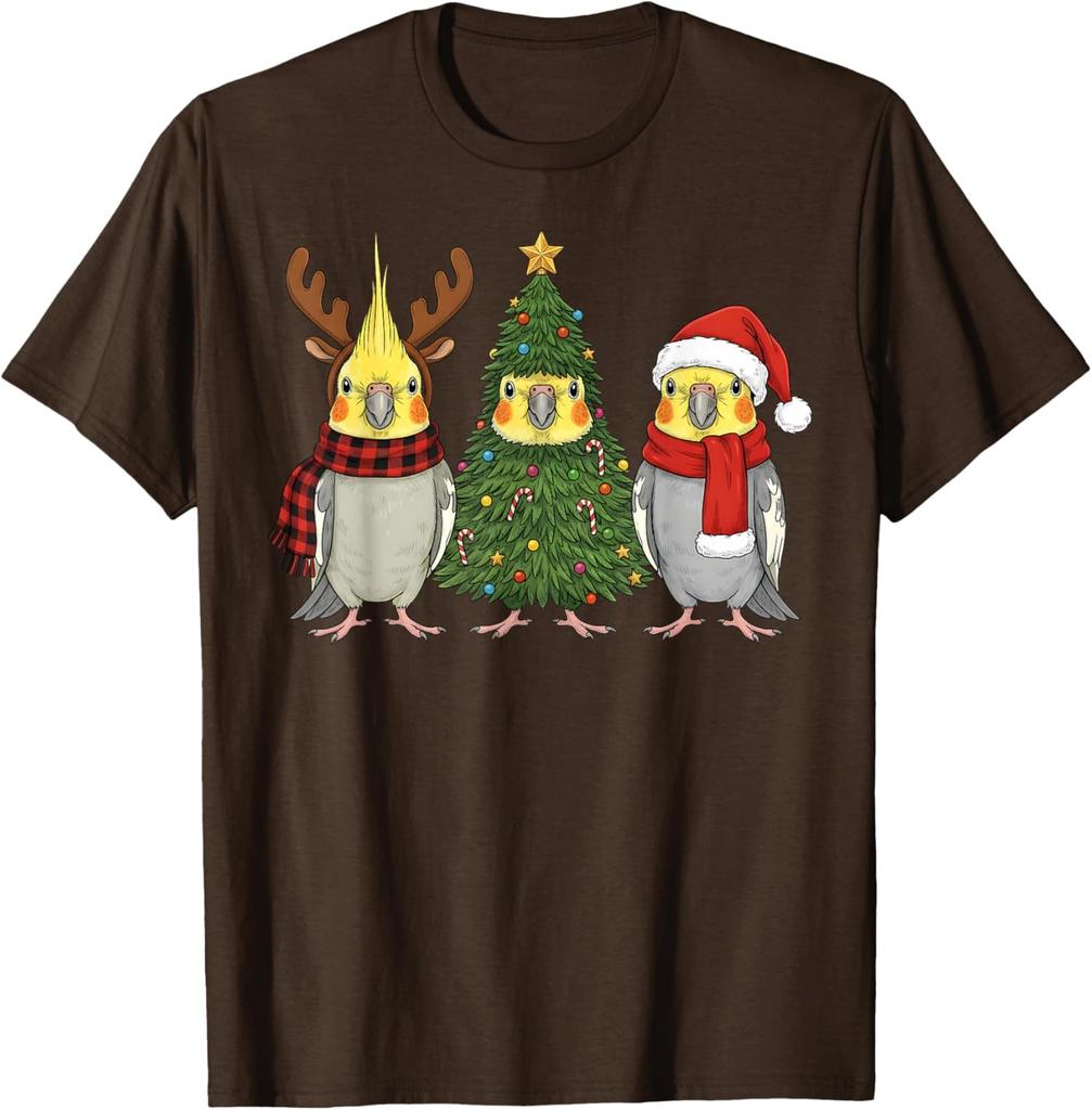Funny Cockatiel Christmas T-Shirt Santa Reindeer Parrot Graphic Tee Unisex Casual Cotton Print