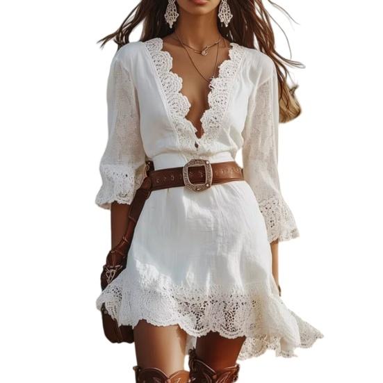 Women s Lace Trim Mini Dress Deep V-Neck 46085 Sleeve Casual Short Dress Summer S