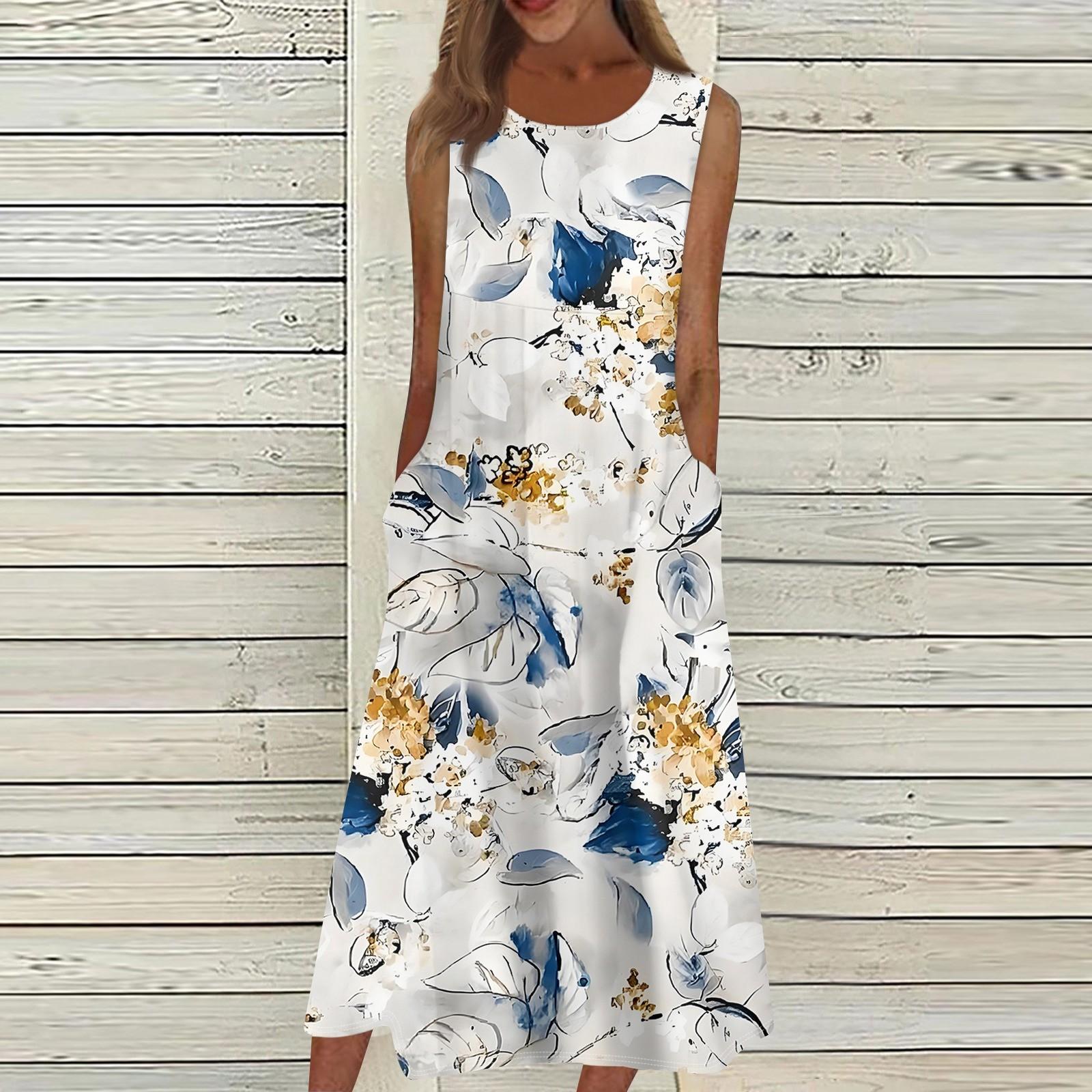 

Жіночі повсякденні сукні з принтом, круглим вирізом, базові класичні повсякденні вільні сукні без рукавів на відкритому повітрі XXXL синій