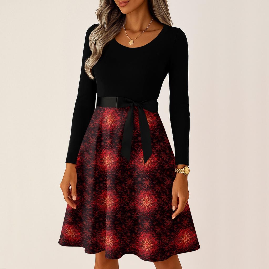 Kadın Günlük Moda Uzun Kollu Noel Grafik Baskılı Vintage Uzun Elbiseler