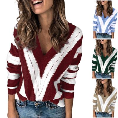 Modische Damen-Tunika-Bluse mit langen Ärmeln und V-Ausschnitt, gestreift, strickend, lässig