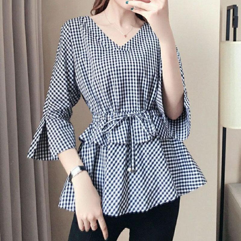 Summer New V-Neck Elegant Women Plaid Blouses Vintage Fashion Shirring Slim Waist Shirt Commuter Femme Three Quarter Sleeve Tops