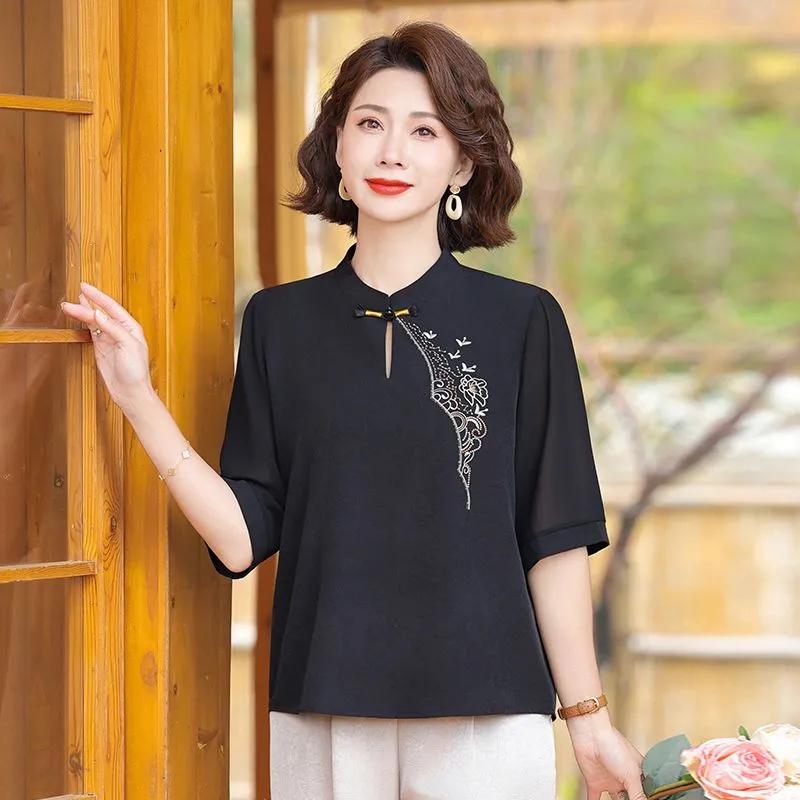 Chinesischer Stil Mandarin-Kragen Bluse Damen Bestickt Halbarm Chiffon Elegantes Oberteil