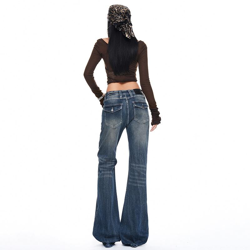 American retro low-rise micro-pull jeans women's autumn new Spice Girl slim-fitting and thin horseshoe flared pants