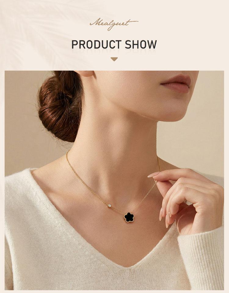 Double Sided Clover Zirconia Necklace, Lucky Charms Flower Shell Pendant, Rustproof Stainless Steel Dainty Jewelry for Women