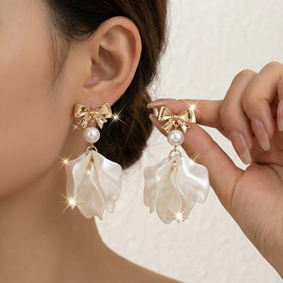 1Pair of Elegant White Lady Flower Earrings, Stylish and Versatile Design, Bow Earrings
