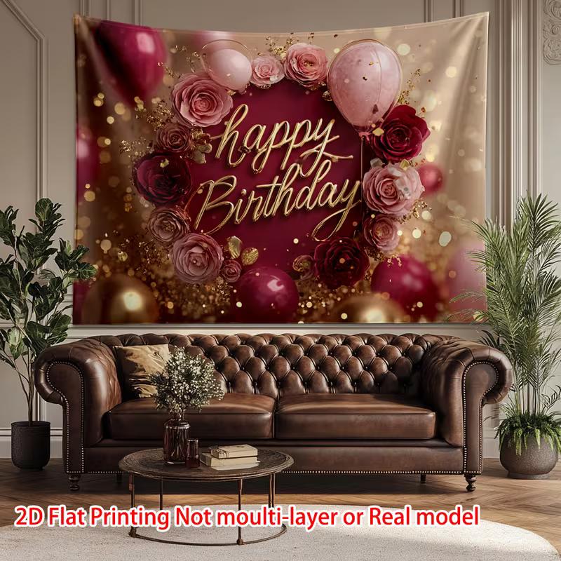 2D Elegant Burgundy Gold Happy Birthday Background Cloth with Flowers