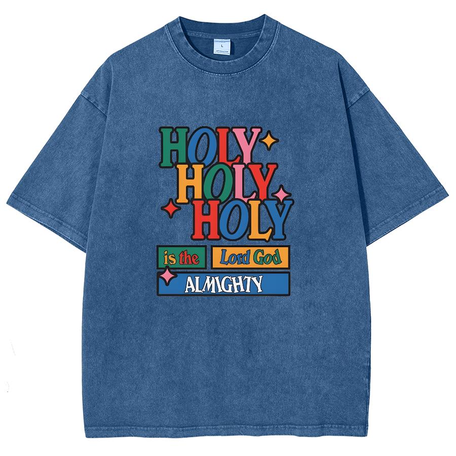 Holly Letter Printed Pure Cotton Women's T-Shirt Washed Denim Oversized Couple Half Sleeved Casual Minimalist Retro Top