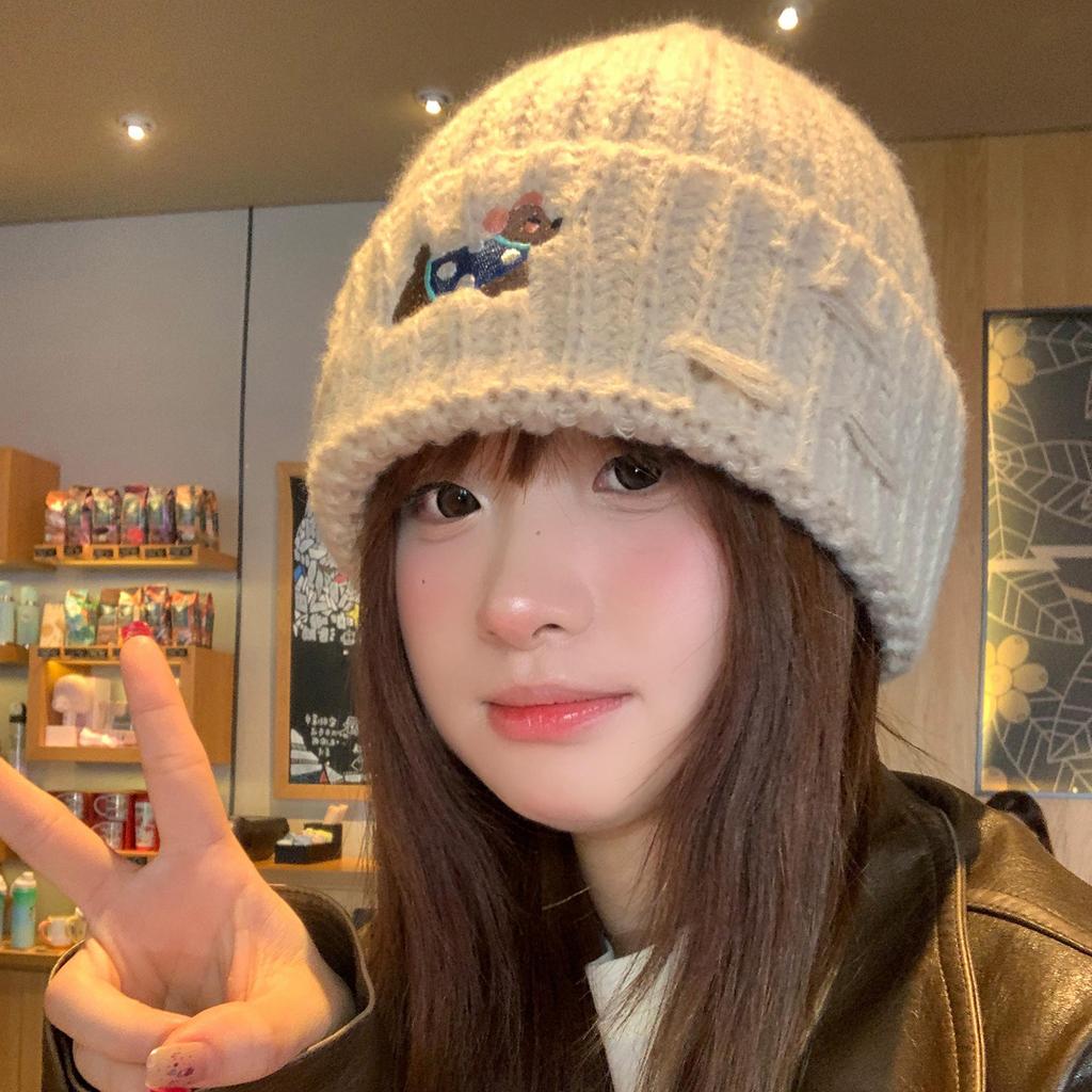 Korean version of cartoon puppy embroidery knitted hat female warm sweet cute versatile face small pullover hat tide