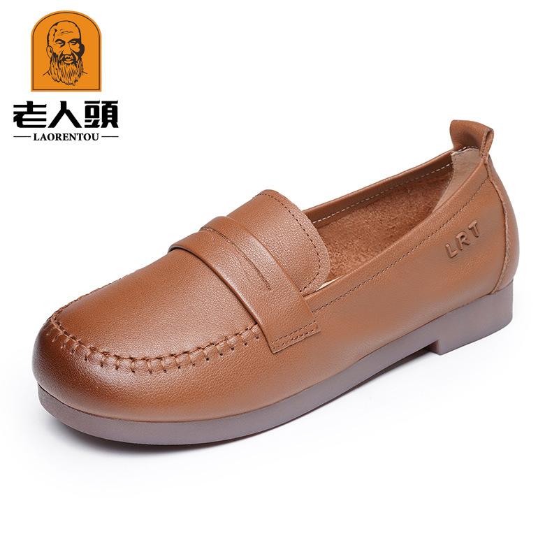 

Туфли-лоферы на плоской подошве с мягкой подошвой для пожилого человека, британские дышащие женские кожаные туфли на одну педаль, туфли на мягкой подошве, одинарные туфли из коровьей кожи XN53532 40 темно-коричневого